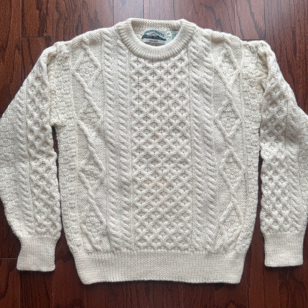 Vintage Aran Crafts Ireland Wool Cable Knit Sweater Cream Mens S Made in Ireland